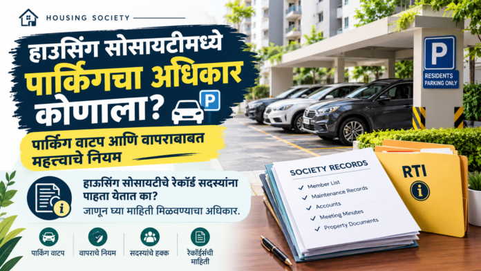 हाउसिंग सोसायटी पार्किंग आणि रेकॉर्ड्स हाउसिंग सोसायटीमध्ये पार्किंग कोणाला मिळते? पार्किंग वाटप, सदस्यांचे अधिकार, समितीची भूमिका आणि पार्किंगच्या वादांबाबत महत्त्वाची माहिती जाणून घ्या.