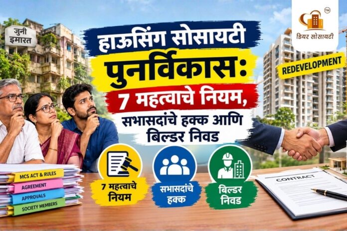 हाउसिंग सोसायटी पुनर्विकास 7 महत्त्वाचे नियम, सभासदांचे हक्क आणि बिल्डर निवड हाउसिंग सोसायटी पुनर्विकासाचे नियम आणि सभासदांचे हक्क